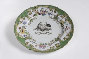 Minton & Doyle
'Plate from the Union Club, Hobart service' c. 1840
stone china 
The University of Melbourne Art Collection. Gift of the Russell and Mab Grimwade Bequest 1973
